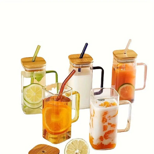 Glass Mug Square  With Handle, Straw & Wooden Lid 400ml