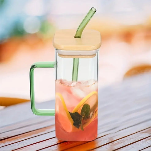 Glass Mug Square  With Handle, Straw & Wooden Lid 400ml