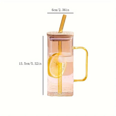 Glass Mug Square  With Handle, Straw & Wooden Lid 400ml