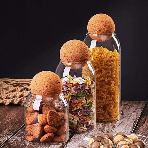 Airtight Glass Jar Set with Wooden Ball Cork Lid, 3 Pack Storage Canisters for Cereal, Pasta, Spices