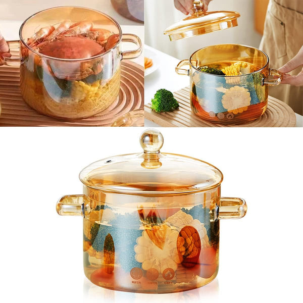 Glass Pot with Cover, Amber Glass Cooking Pot, Glass Saucepan with Lid and Handle - Safe to Heat Pasta Noodle, Soup, Milk, Baby Food