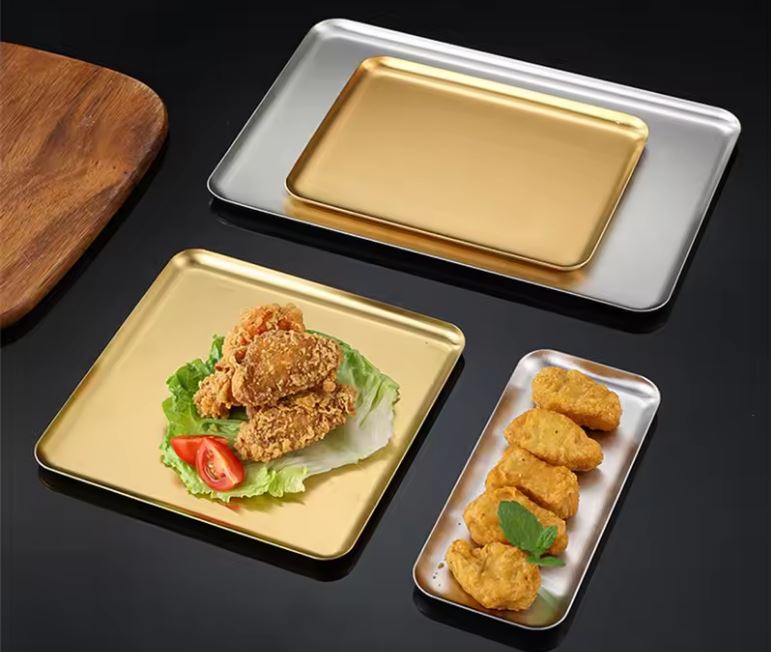 Golden Stainless Steel Serving Plate Restaurant BBQ Skewers Sushi Tray Large Shallow Tray Food