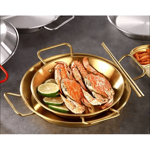 Korean Style Golden Stainless Steel Pan With Two Hands