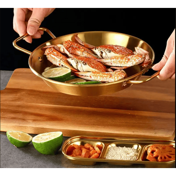 Korean Style Golden Stainless Steel Pan With Two Hands