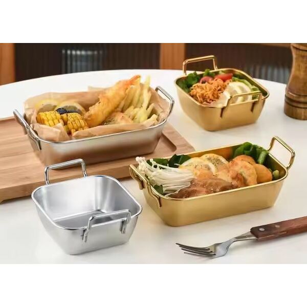 Korean Style Golden Stainless Steel 304 stainless steel square plate Korean creative fried chicken with ears snack plate French fries basket cooler dish candy snack