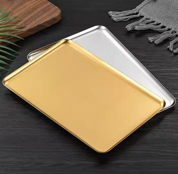 Golden Stainless Steel Serving Plate Restaurant BBQ Skewers Sushi Tray Large Shallow Tray Food