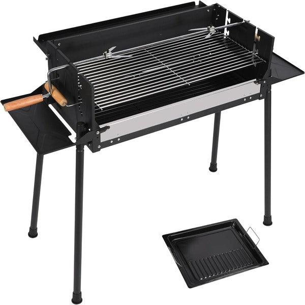 Portable Charcoal Grill, Foldable BBQ Grill with Rotatable Roast Chicken Rack & Baking Pan, Camping Barbecue Kabob Grill for Picnic Backyard Party Outdoor Cooking  (K-602) New Model HXB-11