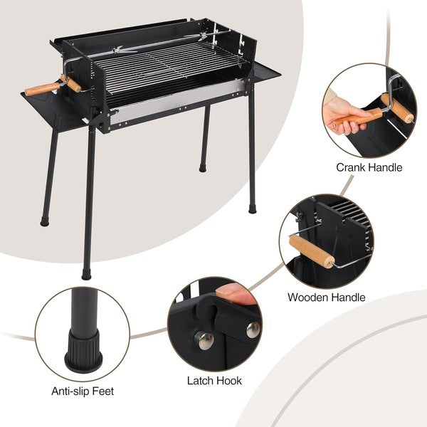 Portable Charcoal Grill, Foldable BBQ Grill with Rotatable Roast Chicken Rack & Baking Pan, Camping Barbecue Kabob Grill for Picnic Backyard Party Outdoor Cooking  (K-602) New Model HXB-11