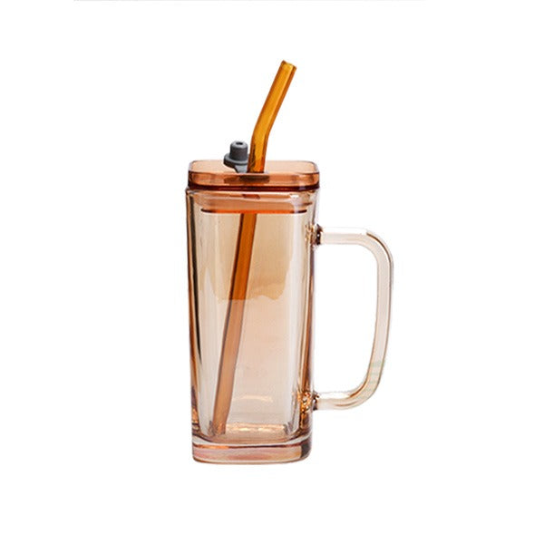 Amber Cold Coffee/Ice Tea Glass Mug With Straw