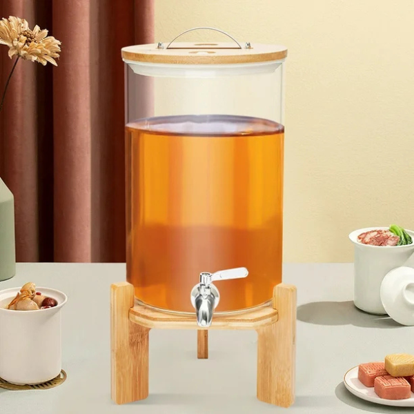 Dispenser jar with faucet and thermometer, glass/bamboo, transparent,