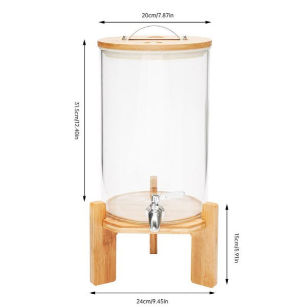 Dispenser jar with faucet and thermometer, glass/bamboo, transparent,