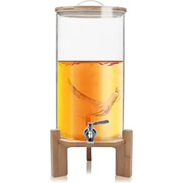 Dispenser jar with faucet and thermometer, glass/bamboo, transparent,