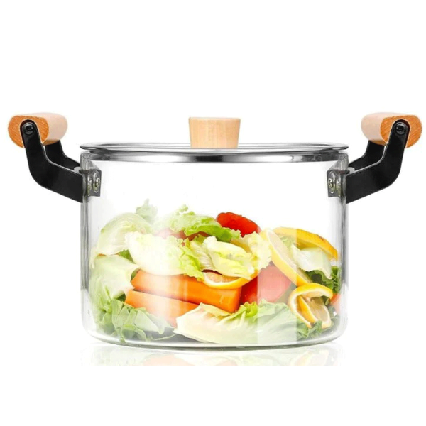 Clear Glass Pot for Cooking on Stove,  with Wooden Handle, Boiling Pot