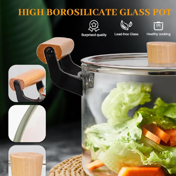 Clear Glass Pot for Cooking on Stove,  with Wooden Handle, Boiling Pot