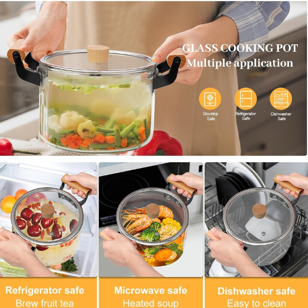 Clear Glass Pot for Cooking on Stove,  with Wooden Handle, Boiling Pot