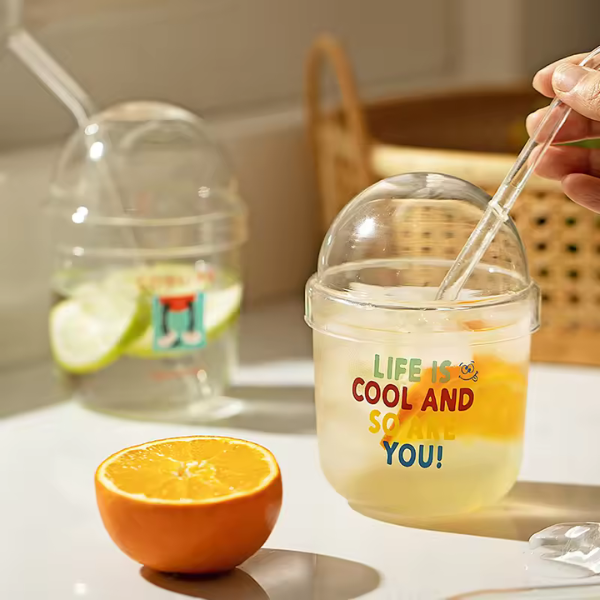 Cartoon Glass Straw Cup With Lid Transparent Coffee Juice Cup Party Restaurant Cold Drink Mug 440ml