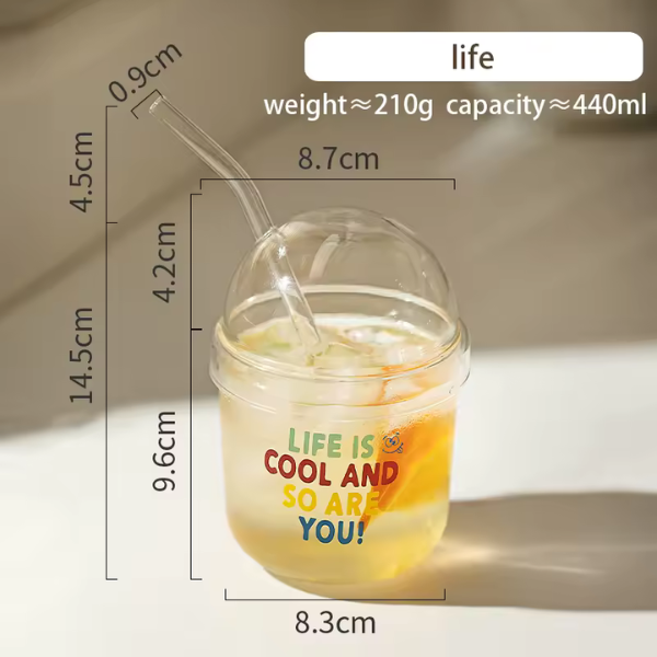 Cartoon Glass Straw Cup With Lid Transparent Coffee Juice Cup Party Restaurant Cold Drink Mug 440ml