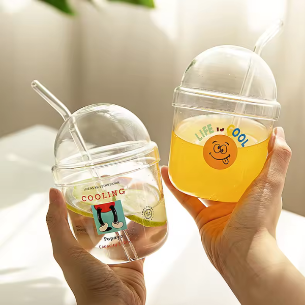 Cartoon Glass Straw Cup With Lid Transparent Coffee Juice Cup Party Restaurant Cold Drink Mug 440ml