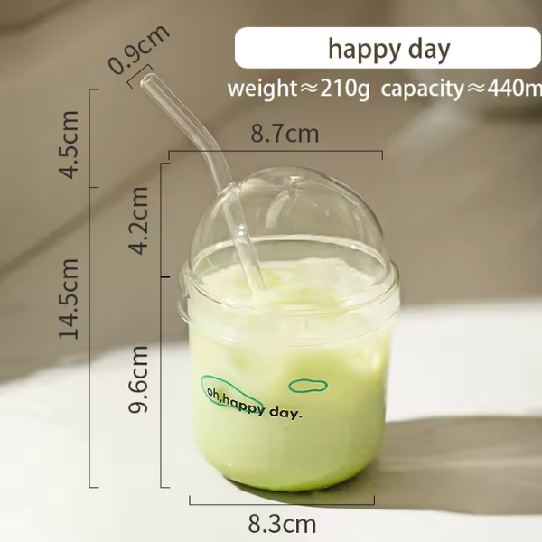 Cartoon Glass Straw Cup With Lid Transparent Coffee Juice Cup Party Restaurant Cold Drink Mug 440ml