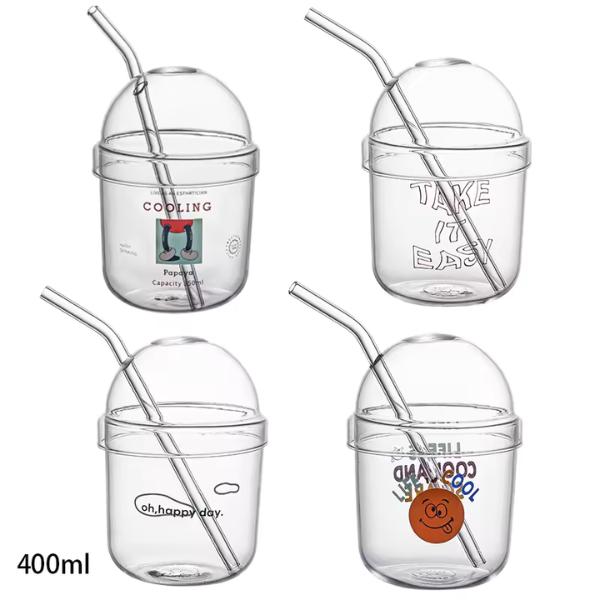 Cartoon Glass Straw Cup With Lid Transparent Coffee Juice Cup Party Restaurant Cold Drink Mug 440ml