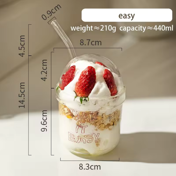 Cartoon Glass Straw Cup With Lid Transparent Coffee Juice Cup Party Restaurant Cold Drink Mug 440ml