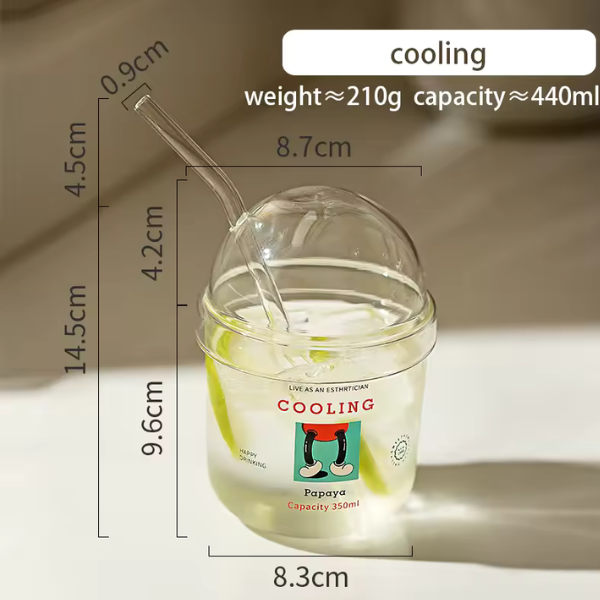 Cartoon Glass Straw Cup With Lid Transparent Coffee Juice Cup Party Restaurant Cold Drink Mug 440ml