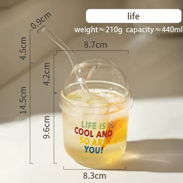 Cartoon Glass Straw Cup With Lid Transparent Coffee Juice Cup Party Restaurant Cold Drink Mug 440ml