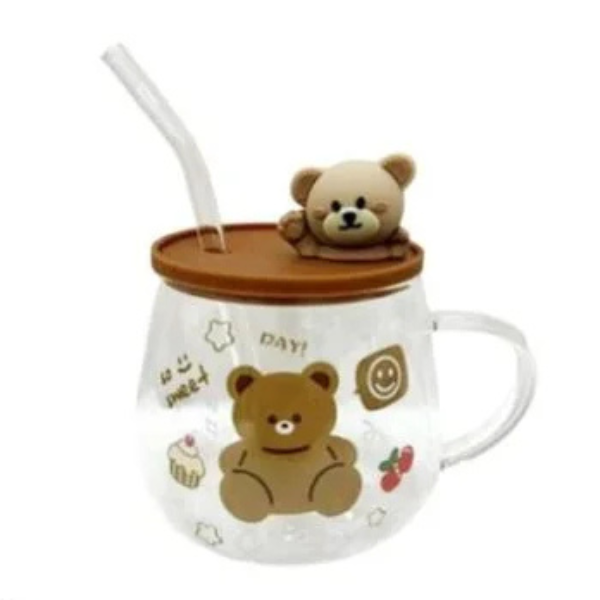 Bear Mug Transparent Glass Mug Lid & Glass Straw