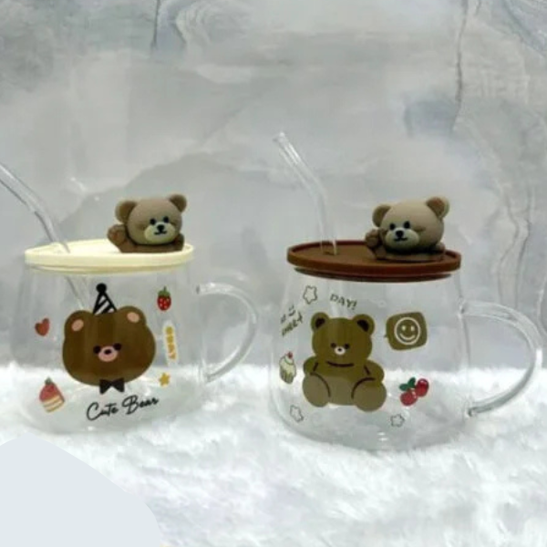 Bear Mug Transparent Glass Mug Lid & Glass Straw