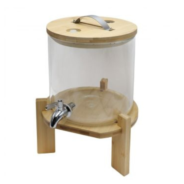 Dispenser jar with faucet and thermometer, glass/bamboo, transparent,