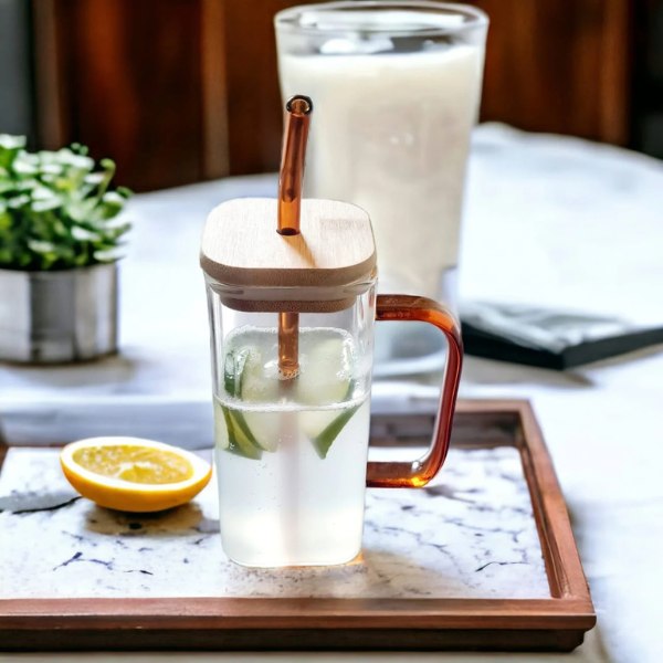 Transparent Glass Mug with Glass Straw and Bamboo Lid