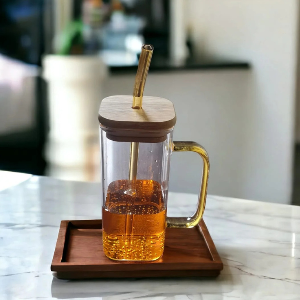 Transparent Glass Mug with Glass Straw and Bamboo Lid