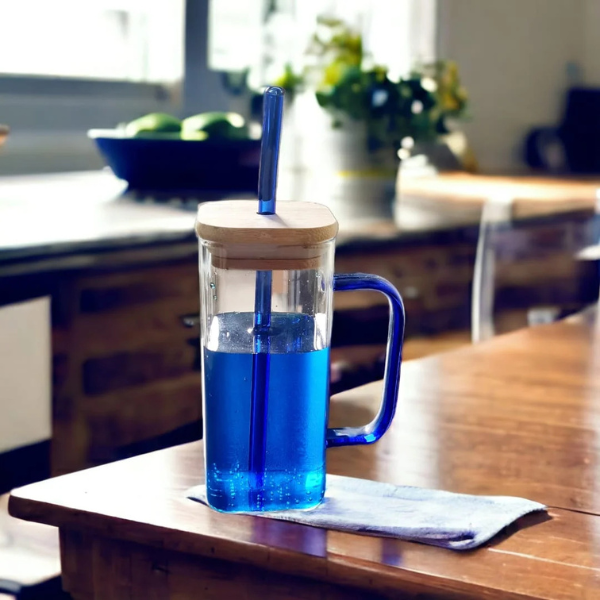 Transparent Glass Mug with Glass Straw and Bamboo Lid