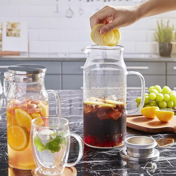 Glass Pitcher with Lid,1.5 Litre Glass Jug with Sealed Lid,Beverage Pitcher for Hot/Cold Water,Iced Tea and Juice Drink