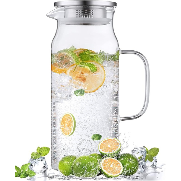 Glass Pitcher with Lid,1.5 Litre Glass Jug with Sealed Lid,Beverage Pitcher for Hot/Cold Water,Iced Tea and Juice Drink