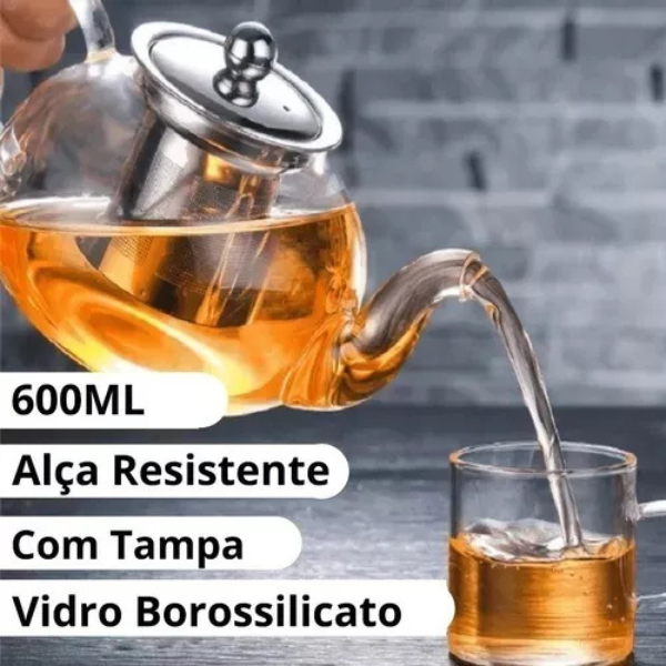 Chaleira De Vidro Bule 600ml Infusor Inox Chá Café Cozinha Cor Cinza Claro