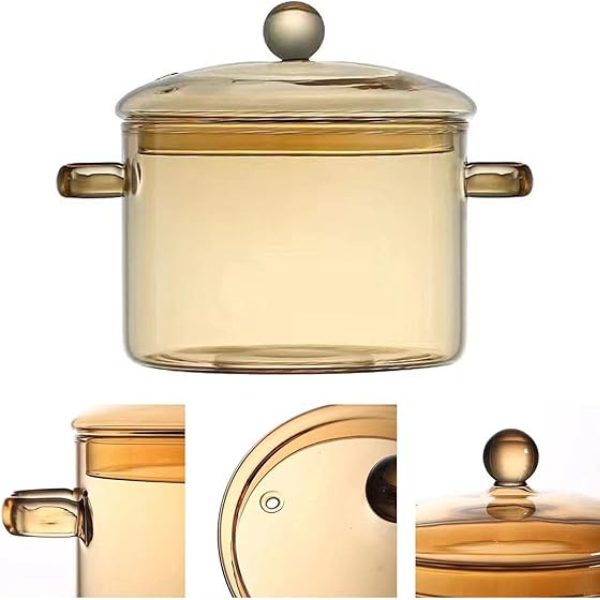 Glass Pot with Cover, Amber Glass Cooking Pot, Glass Saucepan with Lid and Handle - Safe to Heat Pasta Noodle, Soup, Milk, Baby Food